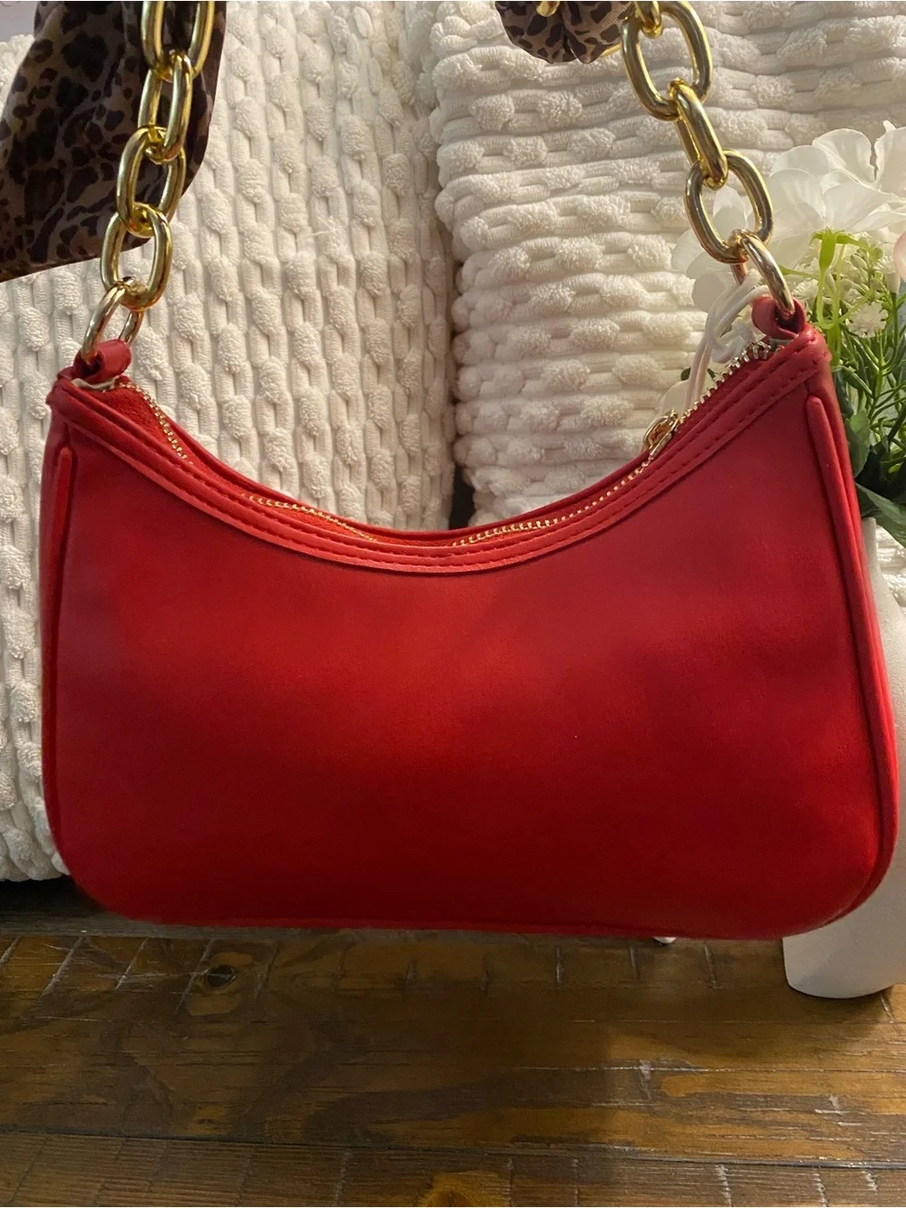 Jessica Simpson Red Quilted Shoulder Bag with Leopard Scarf Handle
